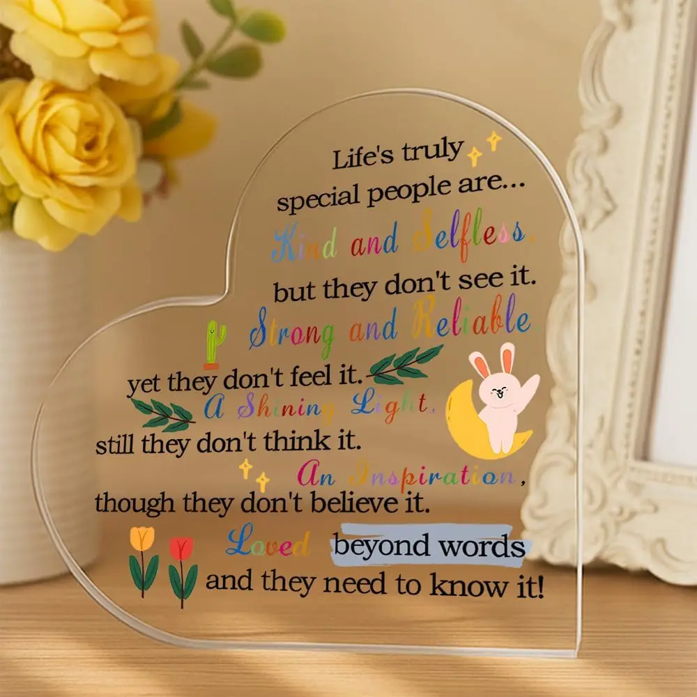Life's Truly Special People Heart Acrylic Plaque, Colorful Text Cartoon Bunny Inspirational Encouragement Desk Keepsake Gift