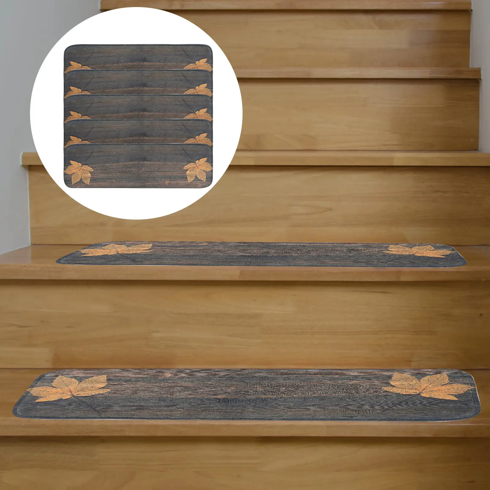 5Pcs Stair Mats Maple Leaf Plank Pattern Self-Adhesive Anti-Slip Stair Cover Protect Wood Steps Noise Reduction