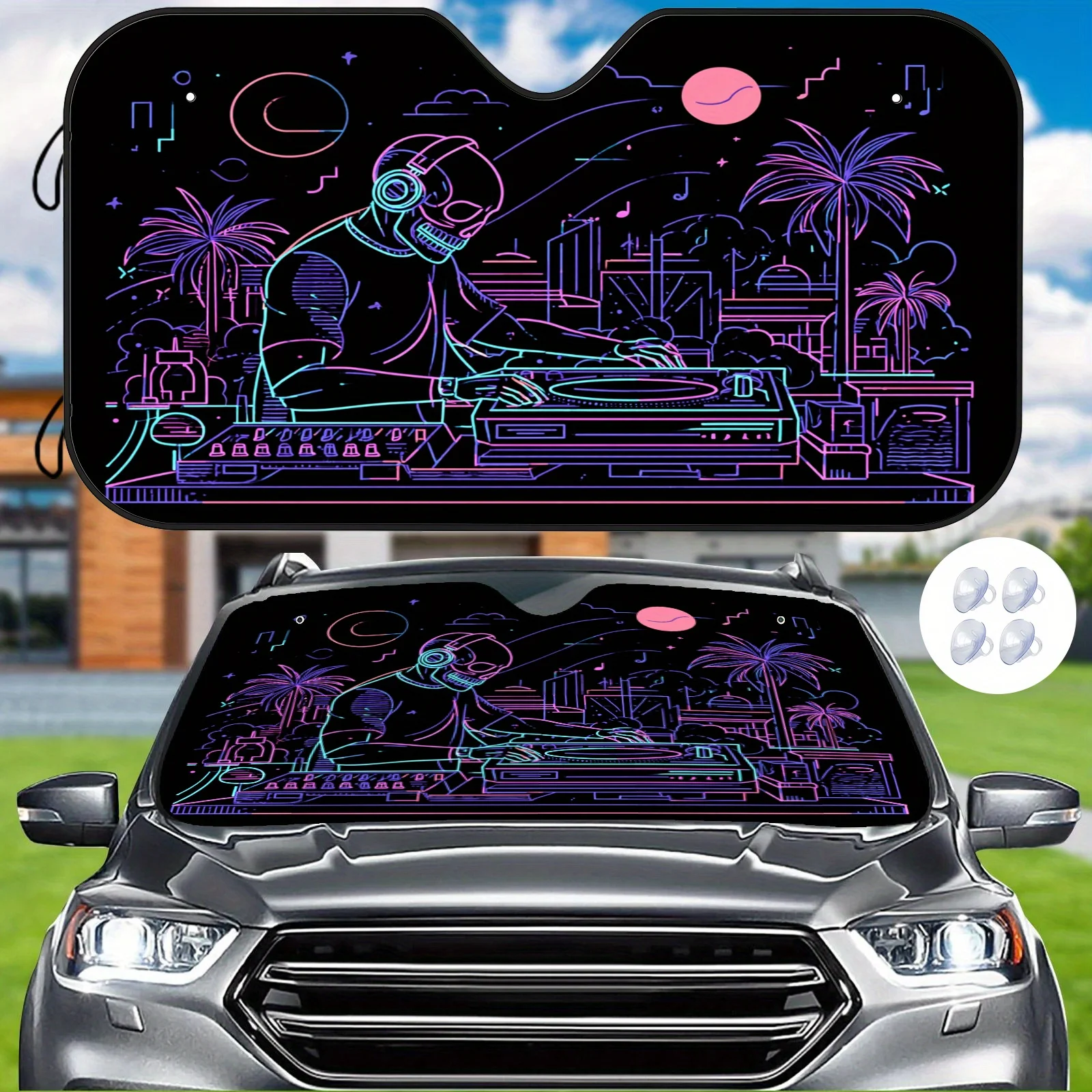 Neon Skull DJ Illustration Car Sunshade, Trendy EDM Style, Easy To Install And Durable, Includes 4 Suction Cups To Help Maintain
