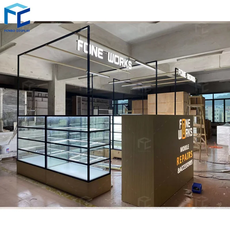 

2025customized.Modern Mall Wooden Style Mobile Phone Kiosk Shop Repair Shop Counter Furniture Showcase Mobile Phone Store Interi