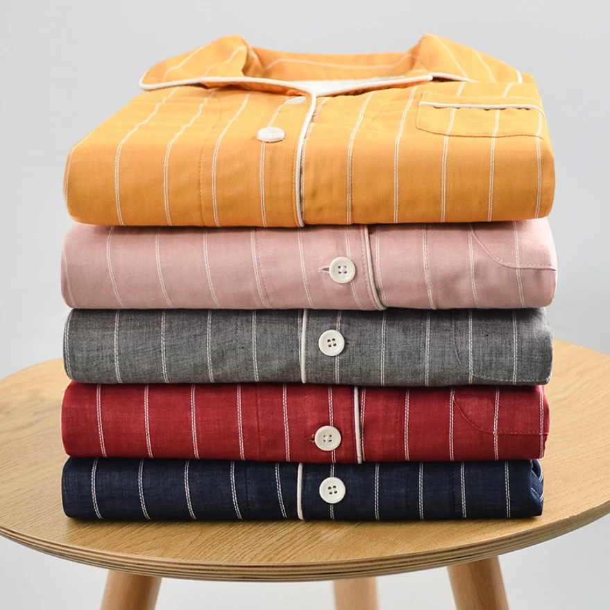New Japanese Double Yarn Home Wear Sets Men's Long Sleeved Cotton Pajamas Set Cardigan Front Button Women's Stripe Sleepwear