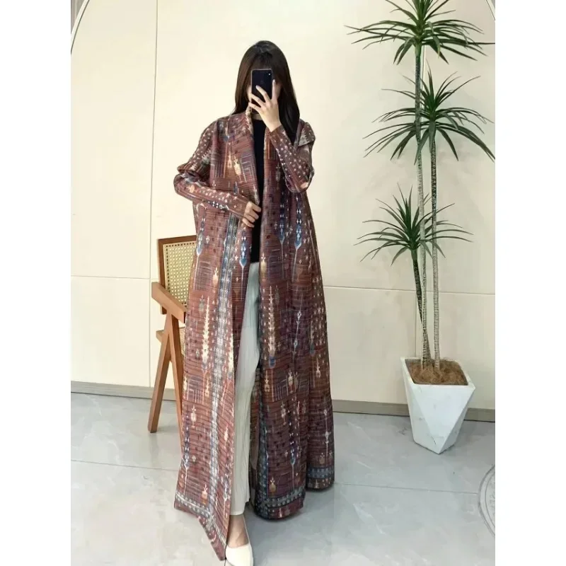 Miyake Pleated Cardigan Dresses 2024 Summer New Retro Printed Long Sleeved Coat 57-inch Women's High Quality Dress Windbreaker