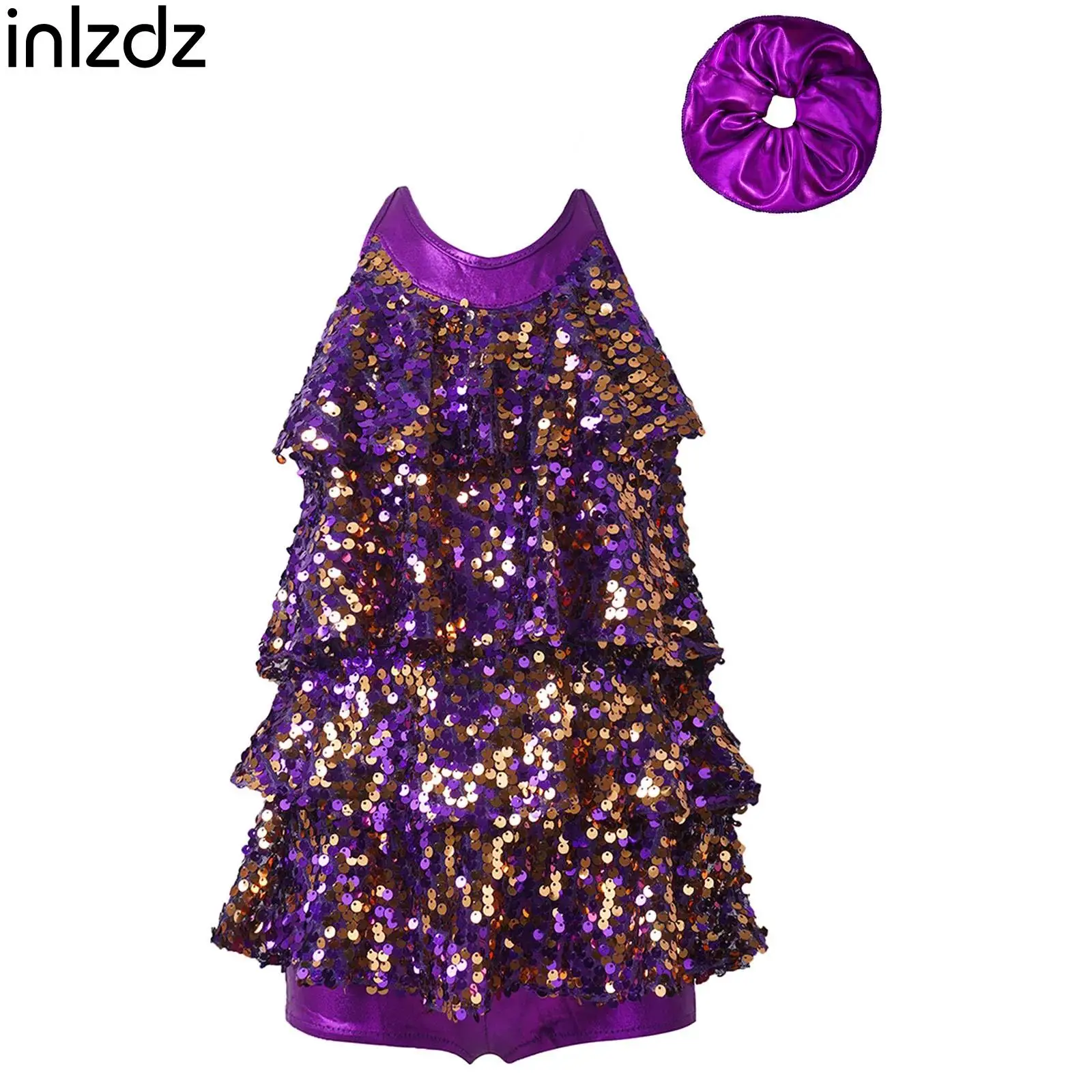 

Kids Halter Shiny Sequins Ballet Dance Shorty Unitard Dress+Hair Band Set Teen Girl‘s Modern Jazz Latin Jazz Salsa Dance Outfits