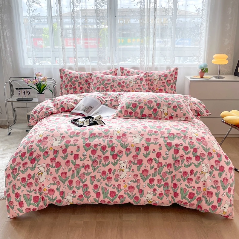 Red Floral Cotton Duvet Cover Set with Zipper Cute Rabbit Bedding Sets for Kids Men & Women Cartoon Reversible Comforter Covers