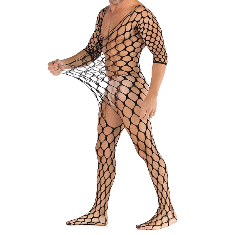 Men Sexy Tight Pantyhose See Through Body Stockings Bodysuit Underwear Jumpsuit Open Crotch Fishnet Bodystocking Gay Nightwear