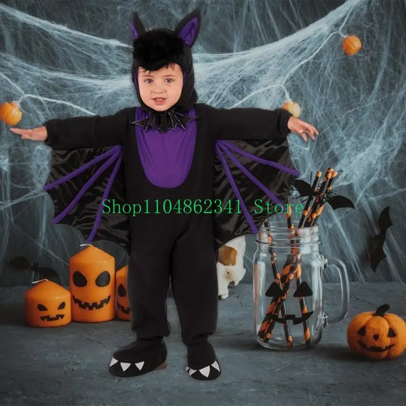 Bat Jumpsuit with Wing Halloween Devil Costume with Hat Halloween Bat Dress up Costume Accessories for Children Boy Girl