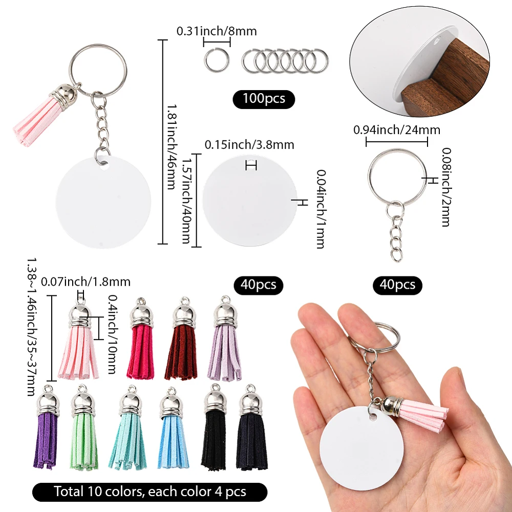 1 Box 220Pcs 40 Sets Sublimation Keychain Set Round Sublimation Keychain Blanks Bulk Double Side Heat Transfer Split Rings Key