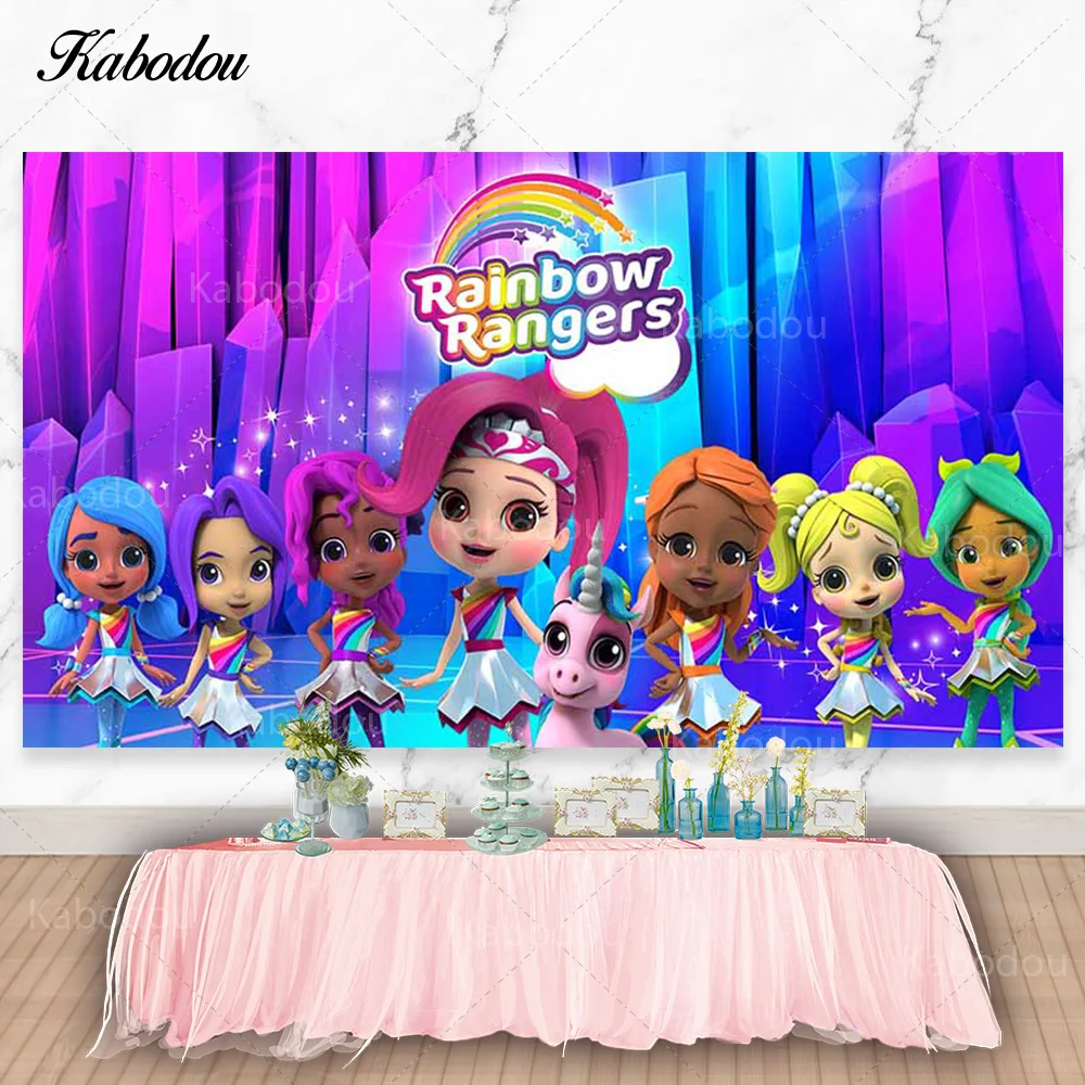 Kabodou Rainbow Rangers Photo Backdrop Colorful Girls Birthday Photography Background Vinyl Decorations Poster Banners