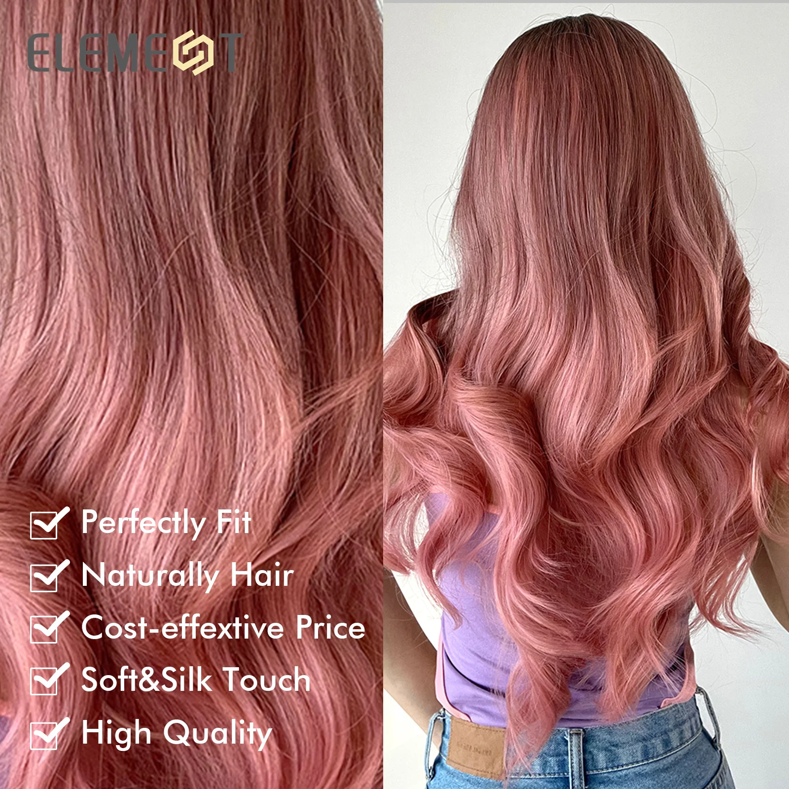 ELEMENT Peruki syntetyczne dla kobiet Ombre Black to Pink Dark Roots Długie faliste Impreza Codzienne użytkowanie Włókno termoodporne Moda Naturalny