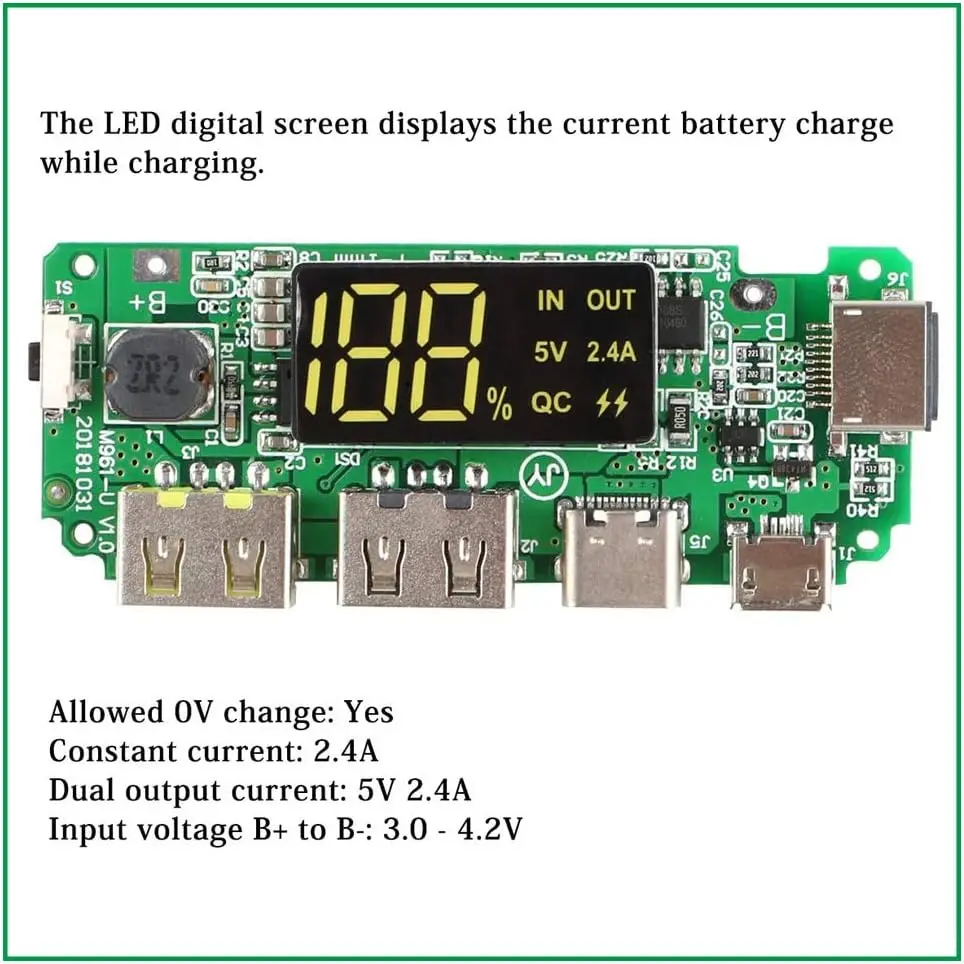 Lithium Battery Charger Board LED Dual USB 5V 2.4A Micro/Type-C USB Mobile Power Bank 18650 Charging Module