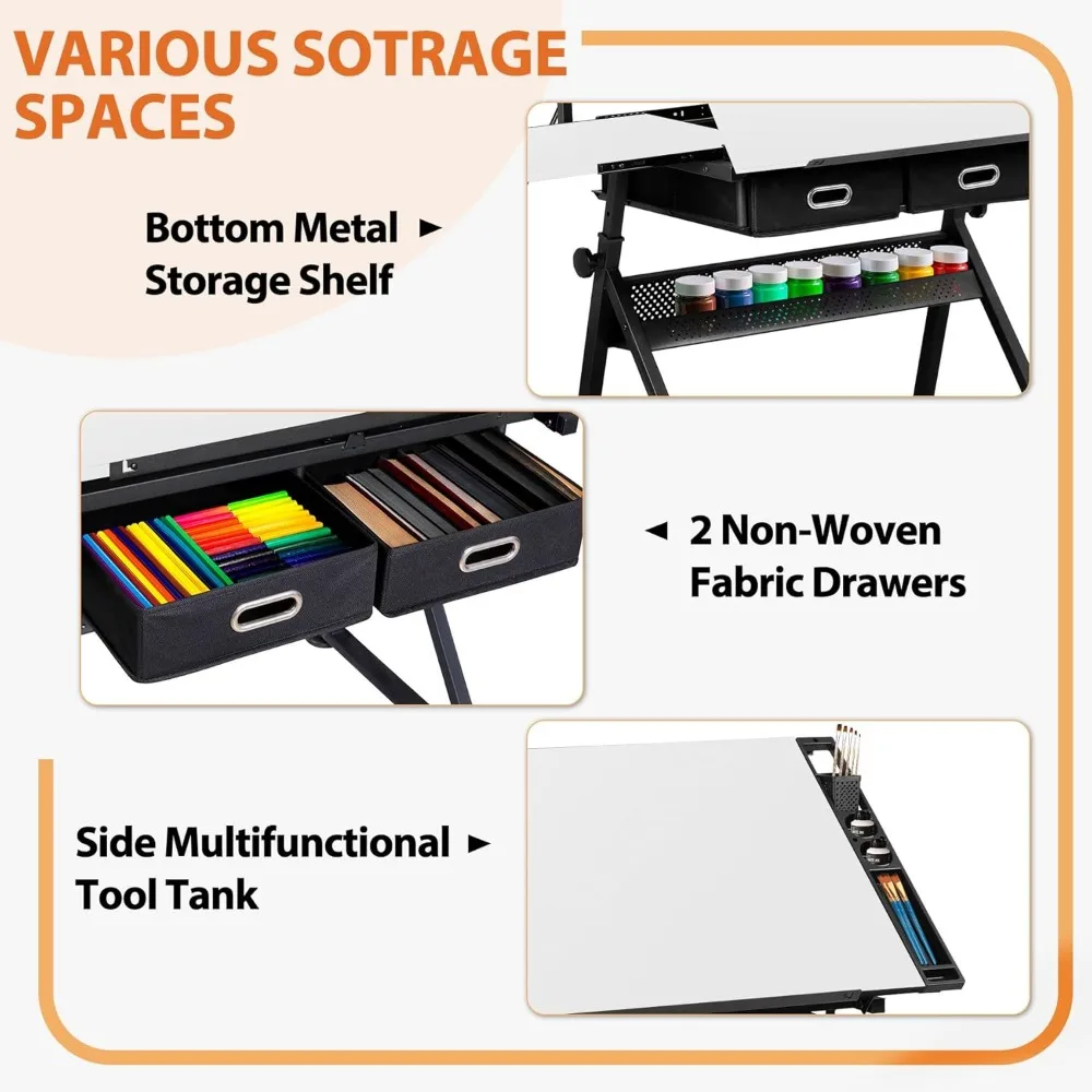 Adjustable Drafting Table with Tilting Desk and Storage Drawers for Artistic Workstations at Home