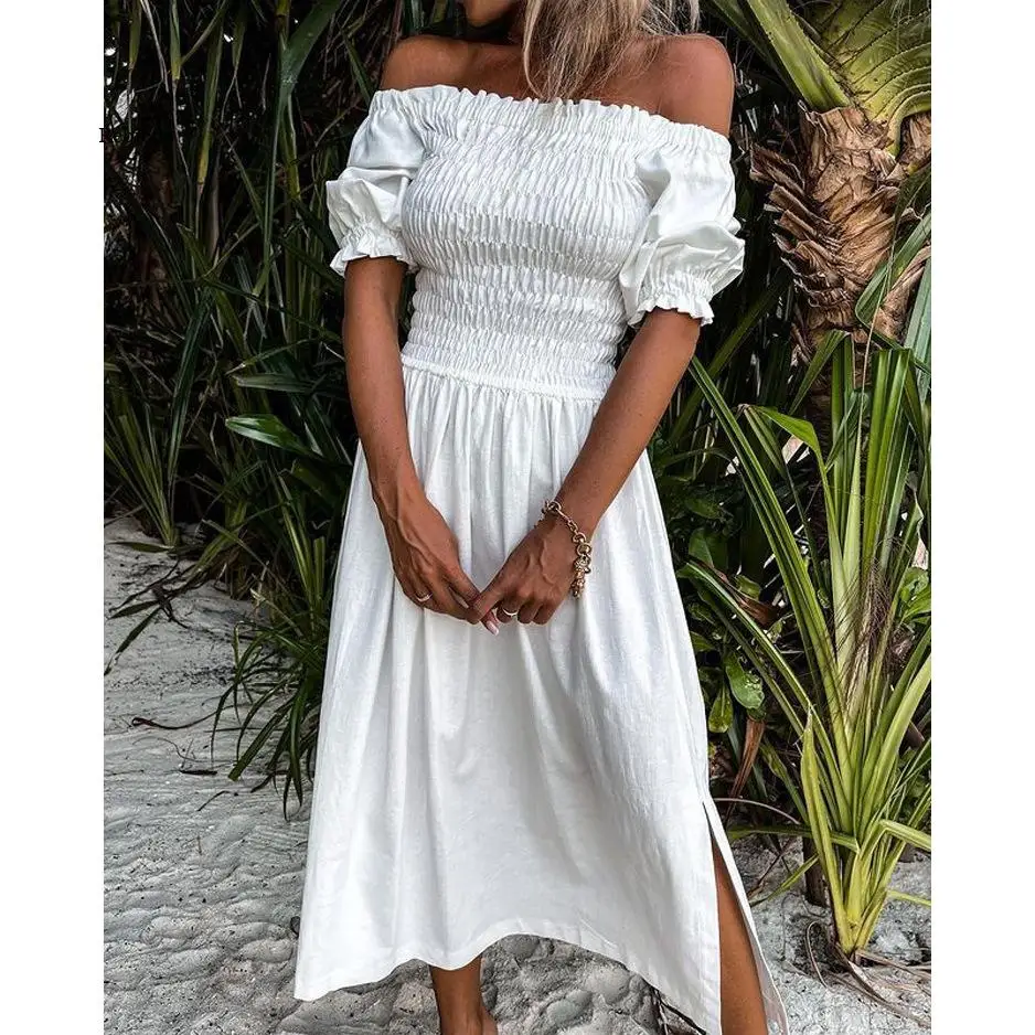 

2022 Summer Fashion Folds Short Sleeve Elastic Long Beach Dress Elegant Lady Sexy Off Shoulder Slit Dress Women Party Dress New