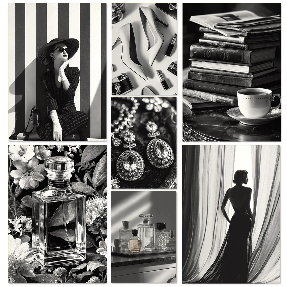 Zapatos de tacón alto con Perfume para mujer, moda de lujo en blanco y negro, joyería, fotografía, fotos artísticas, póster, lienzo impreso, decoración del hogar