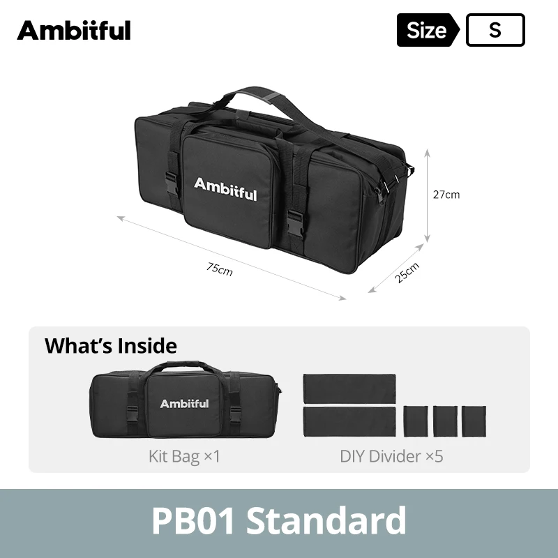 Ambitful 75CM 105CM draagbare tas voor studioflitslamp, statief en lampenstandaard, geschikt voor fotostudioflitslampen en -sets.