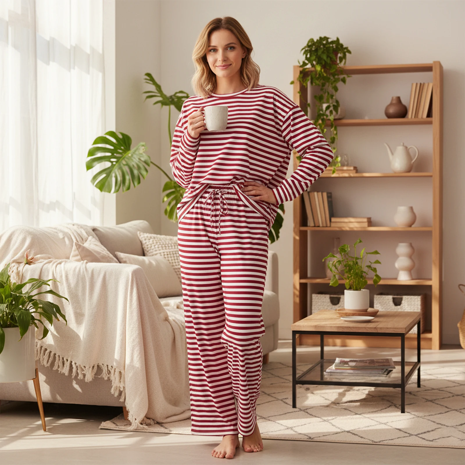 طقم نسائي خريفي مكون من قطعتين، بلوزات أنيقة مخططة بياقة دائرية وأكمام طويلة وسراويل مستقيمة الساق، بدلات فضفاضة غير رسمية #1