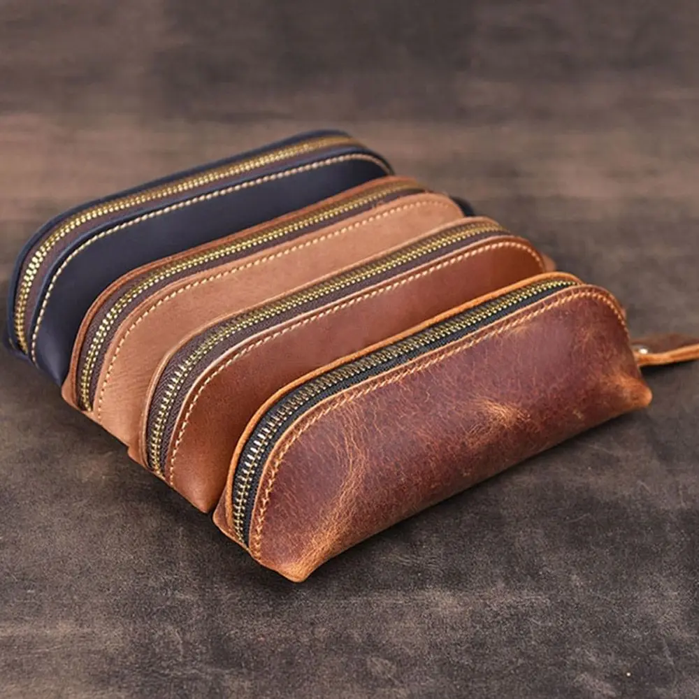 Bolsa de lápices de cuero de vaca, estuche con cremallera de estilo Retro, suministros escolares, papelería de oficina, almacenamiento de bolígrafos, gafas