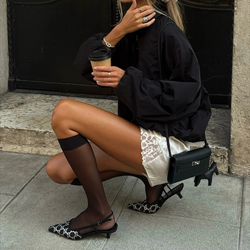 Combhasaki Women Summer Y2K Chic Satin Silky Shorts Trend Elastic Waist Side Floral Lace Hem Wide Leg Loungewear Going Out Pants