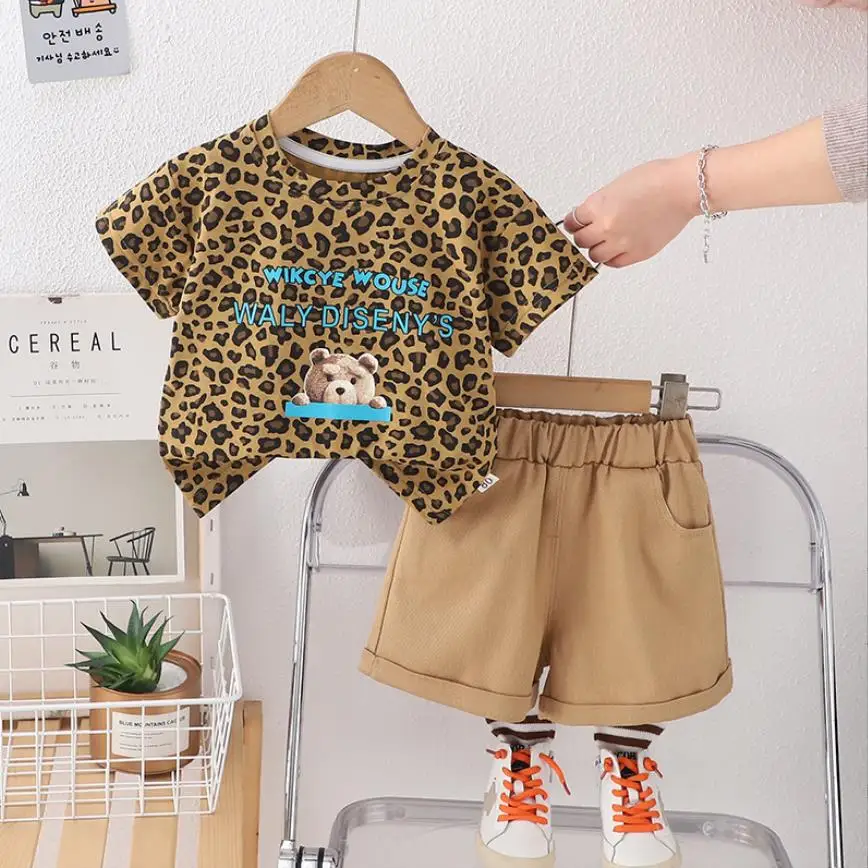 

Baby Girls Summer Sets 2025 Korean Style Clothes for Kids Leopard Print Cartoon Short Sleeve T-shirt Shorts Toddler Boys Outfits
