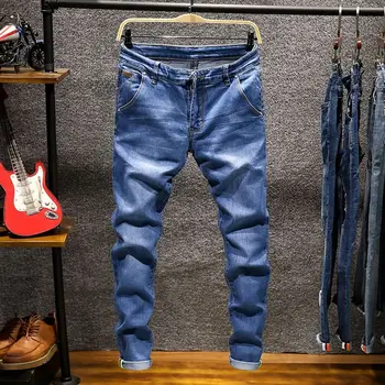 American Elastic Straight Jeans Men Ripped Worn-out Slim-fit Cotton Denim Pants Korean Style Fashion Blue Black Men's Clothing 4