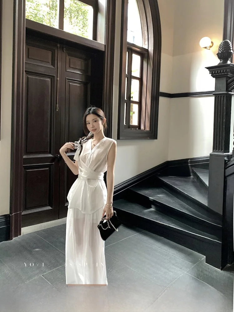 

YOLI White Svel Chiffon irt Women's Summer Design Sense Bow-Tie Slimming Top Korean Sle V-Ne Polyester Fiber