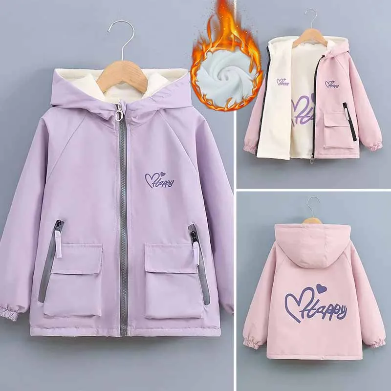 Teen Girls Fleece Coat Kids Padded Double-Sided Jacket 2025 Letter Print Loose Hooded Windbreaker Winter Kids Warm Outerwears