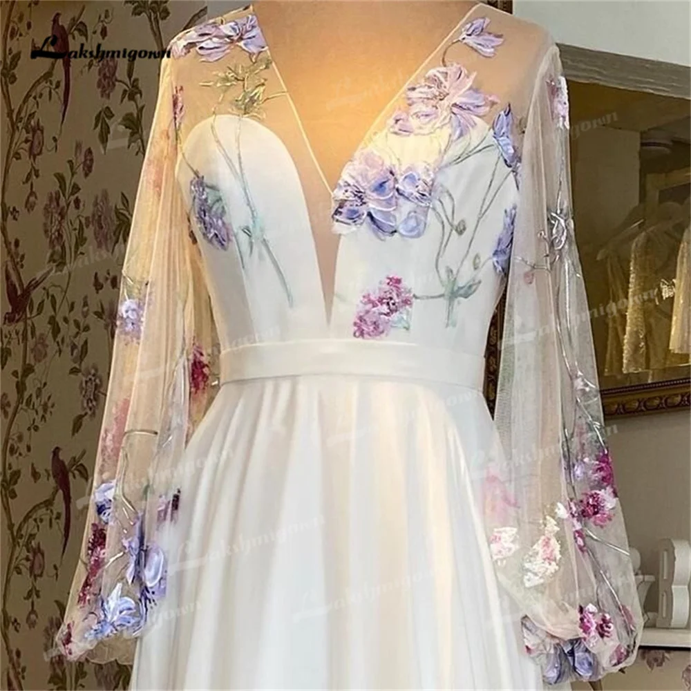 Yanshmigown-Robe de mariée A-ligne à col en V, train de cour, imprimé de fleurs, fente latérale, robe de mariée éducative, fête de mariage, 2025