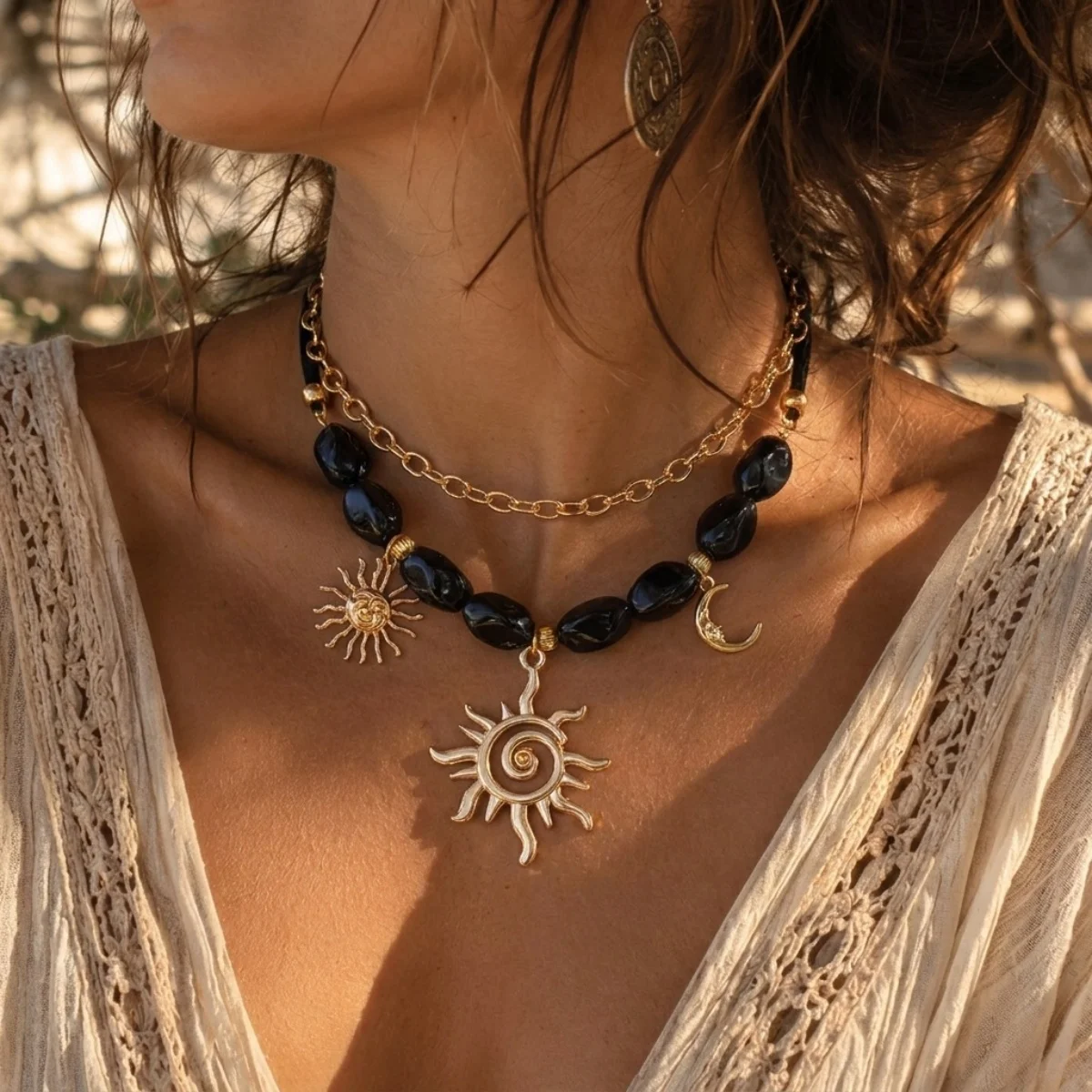 Doppelschichtige Unregelmäßige Schwarze Harzperlen Spiral-Sonne-Mond-Anhänger Halskette für Frauen und Männer Ethnischer Stil Sonnenblumen-Choker Schmuck – Detail 21
