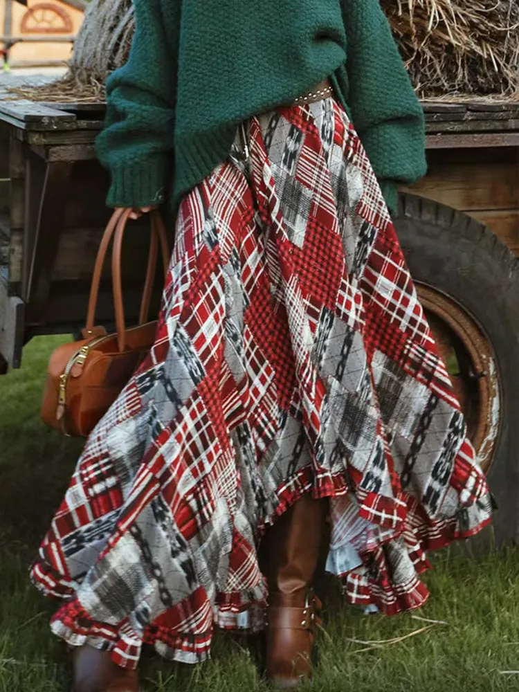 

66-80 см, весенне-осенние длинные юбки с талией, женские винтажные шотландские клетчатые юбки нестандартной формы, универсальная корейская модная элегантная праздничная юбка