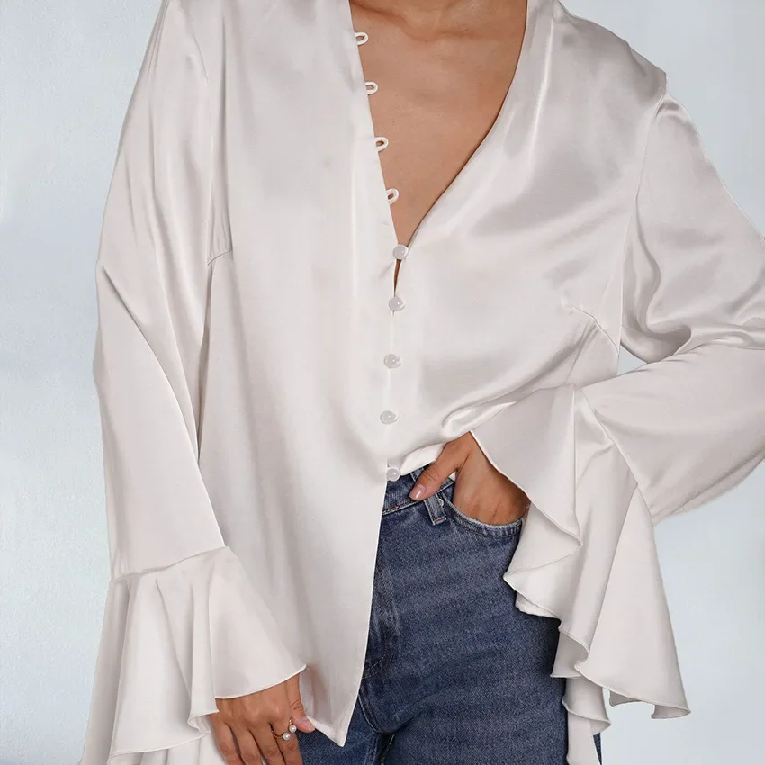 

Women's Ruffle Blouse Solid Color Flounce Sleeve Elegant Office Shirt Dressy Casual Fall Winter Top 2025 New