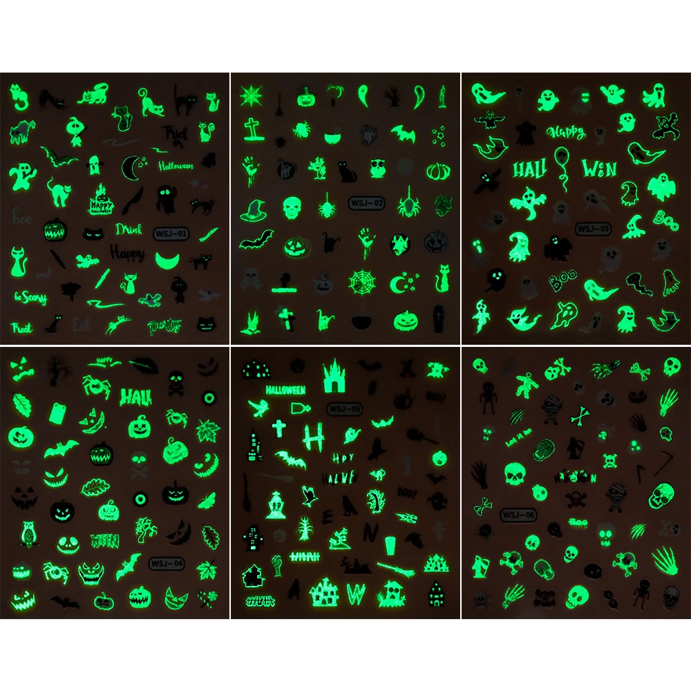 هالوين يتوهج في الظلام ملصقات لاصقة ، الخفافيش ، اليقطين ، تزيين الأظافر