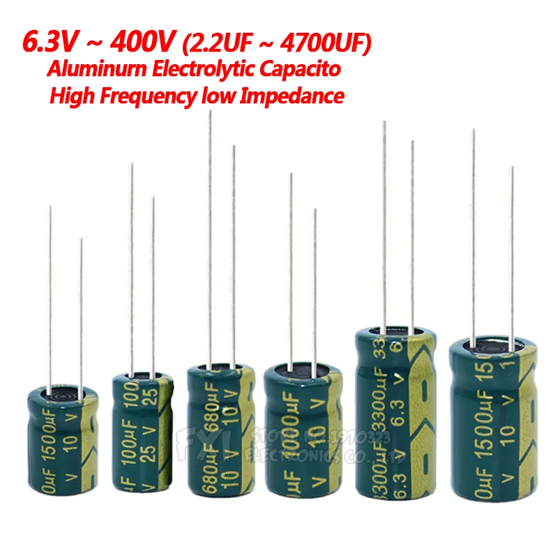 Condensador de aluminio de baja ESR de alta frecuencia, 10V, 16V, 25V, 35V, 50V, 400V, 100UF, 220UF, 330UF, 470UF, 680UF, 1000UF, 1500UF