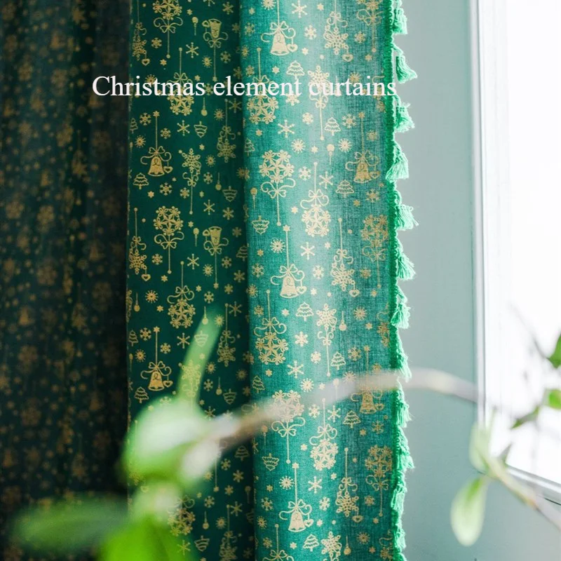 Literary French Fresh Dark Green Window Curtains Christmas Element Wind Chime Curtains for Bedroom Pattern Kitchen Soft Curtains