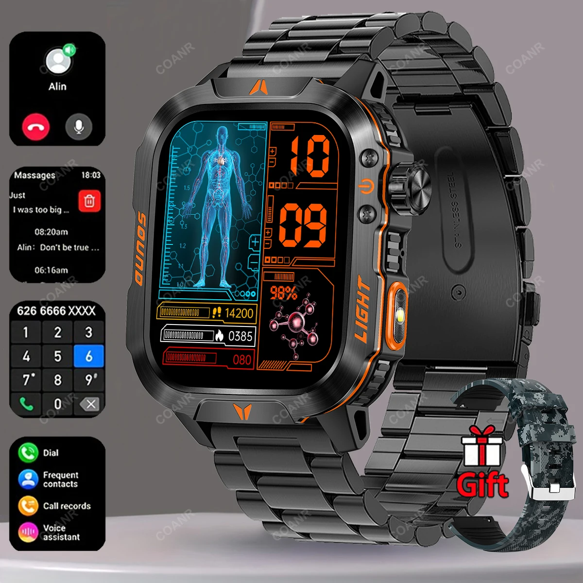 

COANR New Military Smart watch men's heart rate flashlight compass waterproof outdoor sports tracker Bluetooth call smartwatch