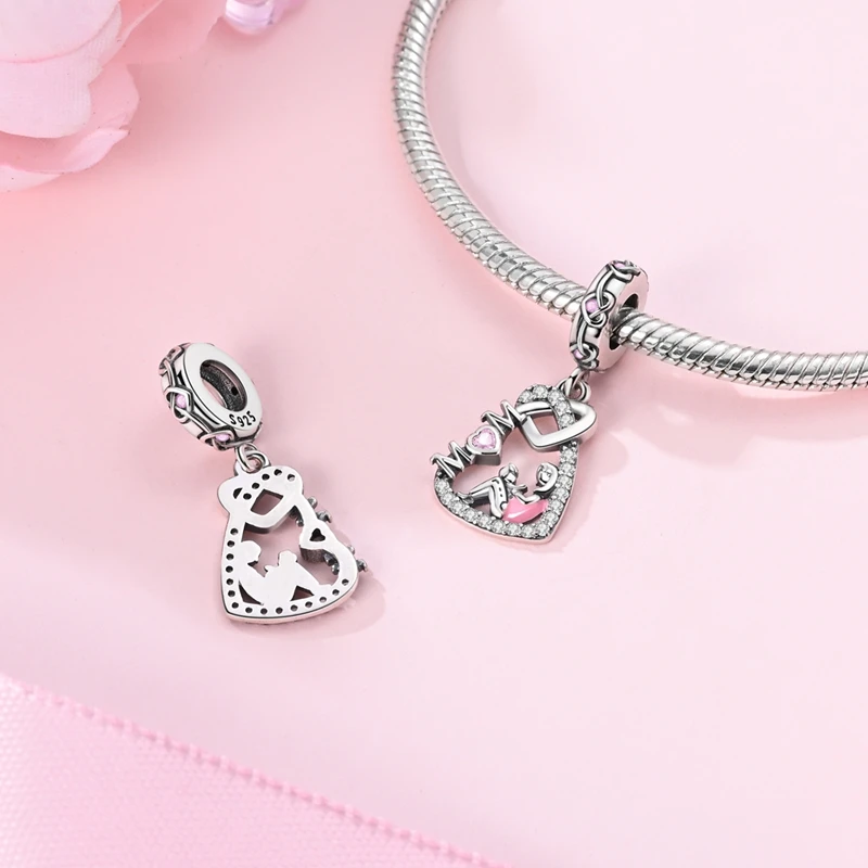 

925 Sterling Silver Heart Charms Bead CZ Zircon Parent-Child Dangle Fit Original Bracelet DIY Women Jewelry Gift