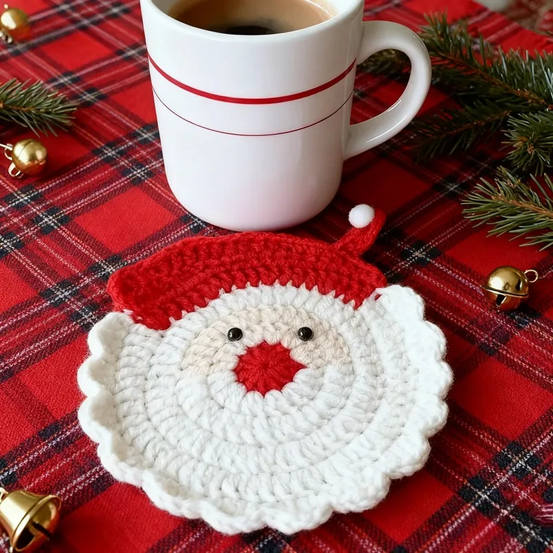 

Handmade Crochet Christmas Coasters Wool Knitting Non Slip Heat Resistant Mug Pads for Holiday Table Decor Dinner Party Decor