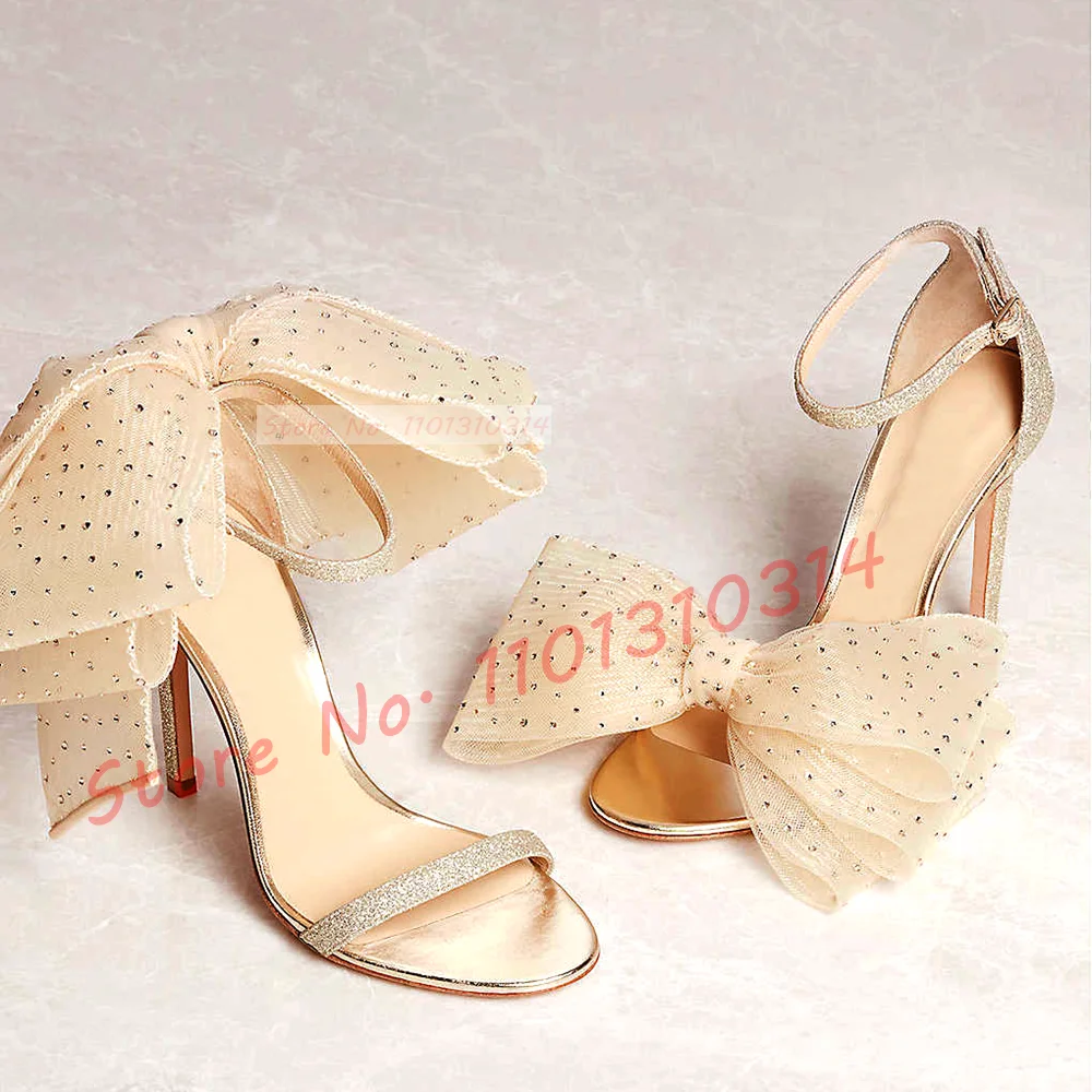 Sandali con tacco alto con fiocco in rete di cristallo donna sandali con Glitter di lusso da sposa Beige Open Toe eleganti sandali scintillanti da