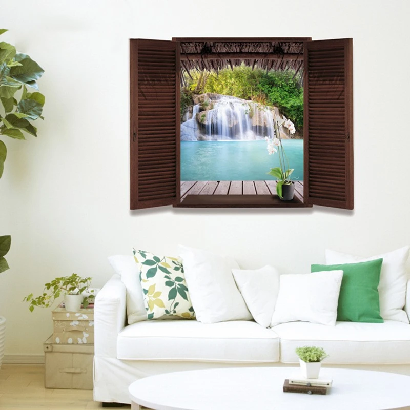 Park Waterfall View Mural Removable for Home Decoration Aesthetic Rooms Window Art Wooden Bridge Clear Water Vinyl Wall Stickers