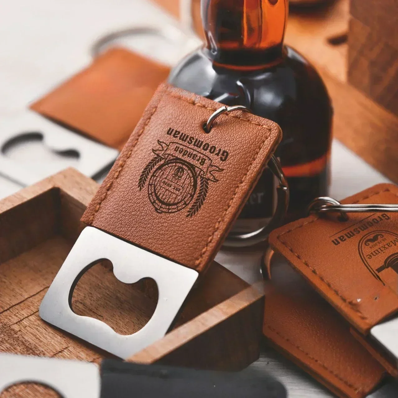 Laser Engrave Stainless Steel opener Leather Keychain Custom Logo Beers Bottle tools Car Key Chain Personalize Company Keyring