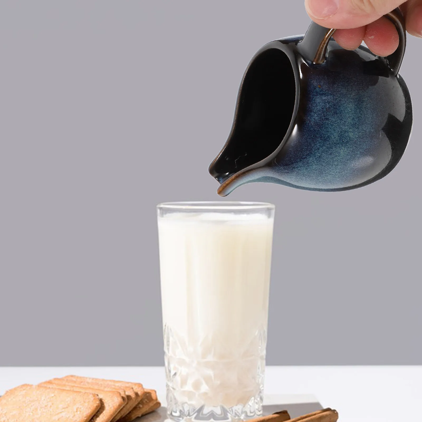 

European Style Ceramic Creamer Pitcher Blue Finish Small Milk Jug for Latte Cappuccino Espresso Sauce Dispensing Stylish Tea