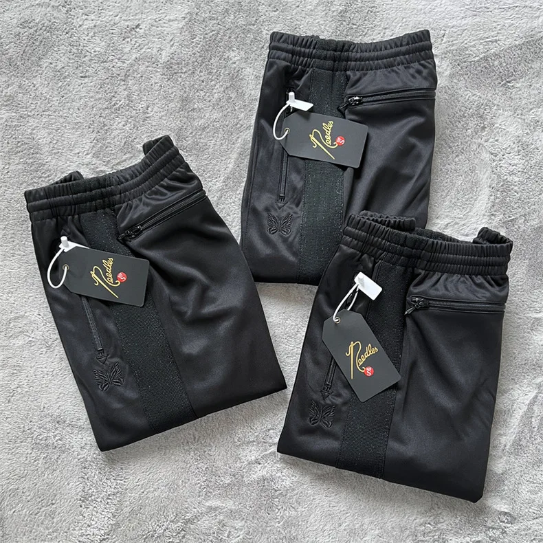 

2024ss AWGE All Black Straight Pants Men Women 1:1 Butterfly Embroidery Grey Striped Joggers Pants With Tags