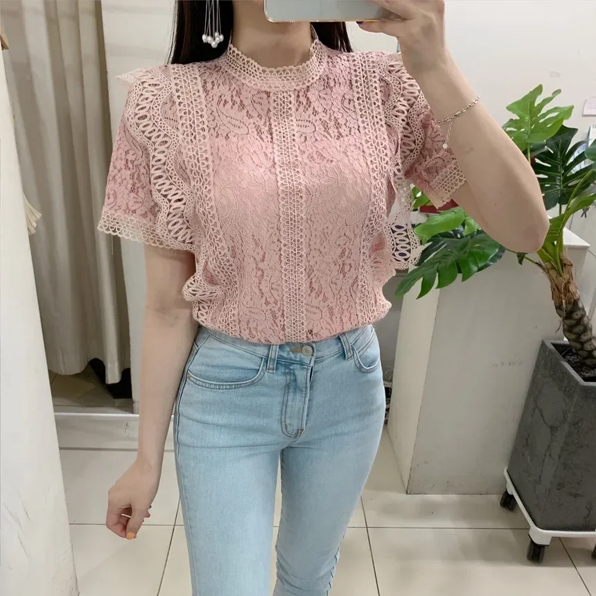 Korean Fashion Summer Chic Slim Fit Lace Blouse Women Short Sleeve Vintage Hollow Out Ladies Cute Elegant Shirt Cheap Wholesale