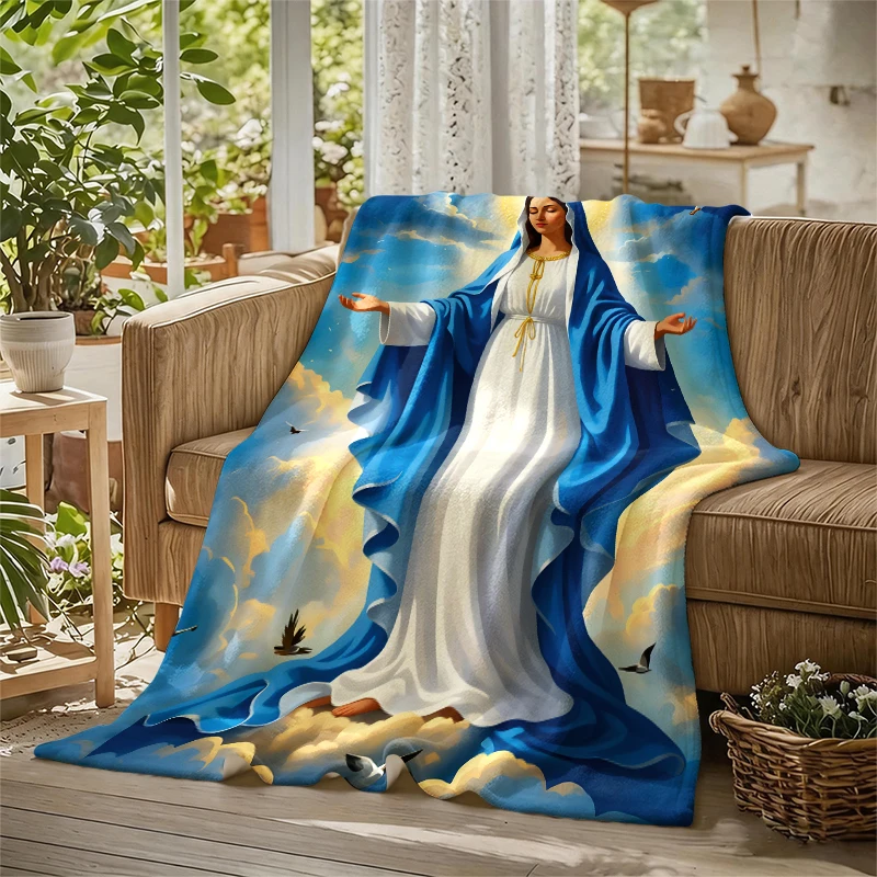 Blue Virgin Mary Halo Flannel Blanket Soft Warm Christmas Halloween Blanket for Lightweight Cozy Room Home Decor Gifts