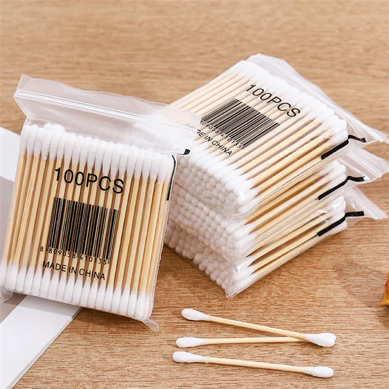 500 個無香料綿棒双頭木製スティックメイク落とし & クリーニング耳綿棒使い捨て