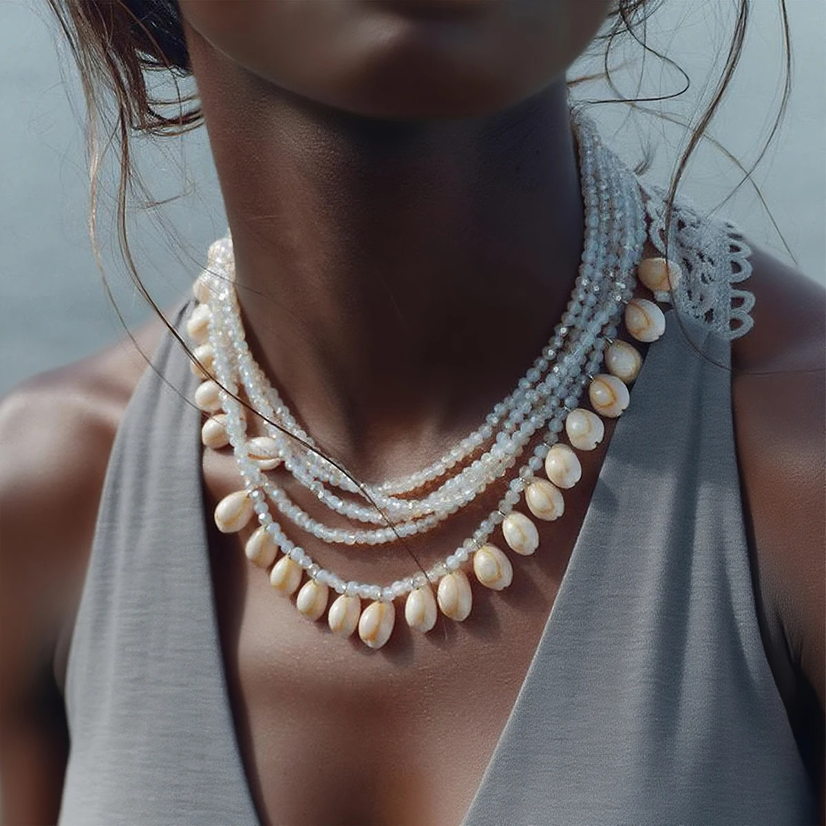 

ZAA Vintage Boho Style Beaded Shell Charm Necklace Handmade Multi-layer Choker Necklaces Women Holiday Party Jewelry Summer Gift
