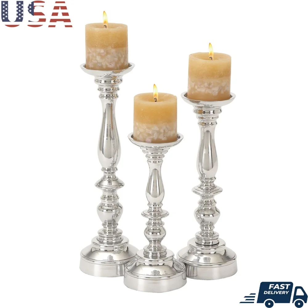 

Set of 3 Silver Aluminum Candle Holders Elegant Centerpiece Decorative Flameless Candle Stands Home Dining Table Living Room