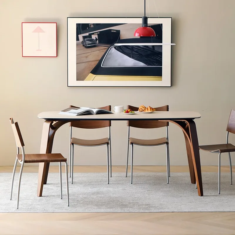 

Retro style, rock slab black walnut curved wood rectangular dining table