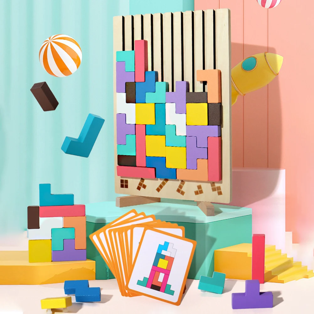 Wood Russian Blocks Puzzle Brain Teasers Intelligence Colorful 3D STEM Montessori Russian Building Block for Boys and Girls