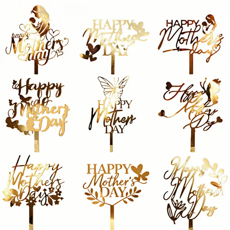 New Mothers Day Birthday Cake Topper Decoration Gold Red Gold Acrylic MOM Party Cake Toppers Mother's Day Gifts Baking Supplies