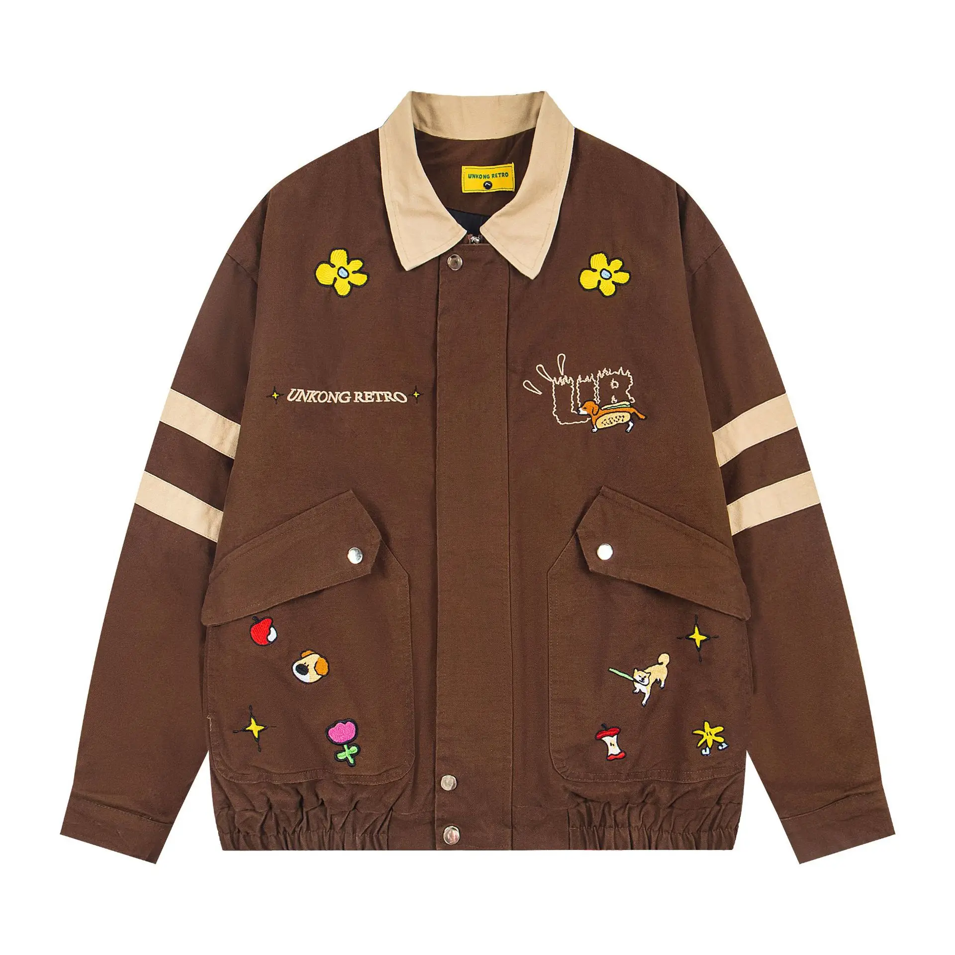 American Retro Puppy Embroidery Turn-Down Collar Coffee Color Jacket Cotton Coat for Women Winter Thickened Casual Outerwear