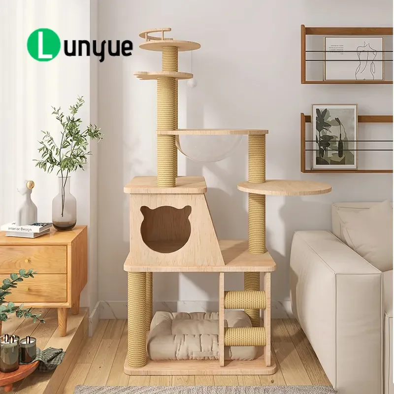 Small Solid Wood Cat Tree Multi Layer Jumping Platform with Litter Box Space Saving Compact Design Integrated Functional Pet